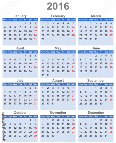 2016 vector calendar mondays first