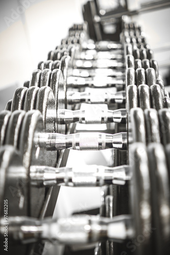 Weights in a Gym.
Gym interior close up, machinery and weightlifting equipment.