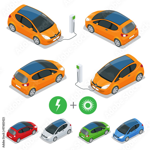 Electric car with Solar Panels. Eco car. Isometric vector illustration.