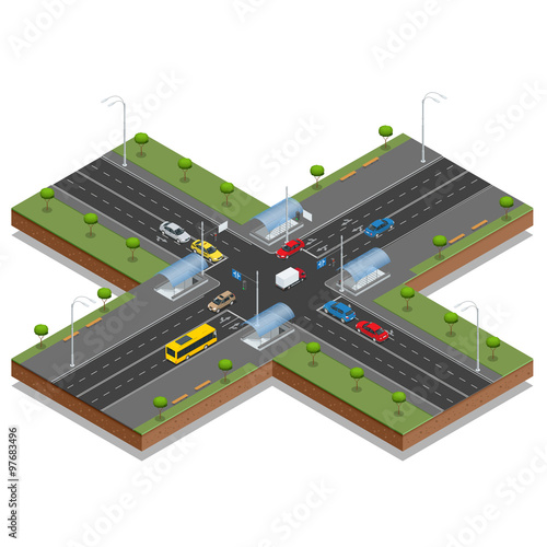 Crossroads and road markings isometric vector illustration. Transport car, urban and asphalt, traffic.Crossing Roads (Road Intersection with pedestrian subway).