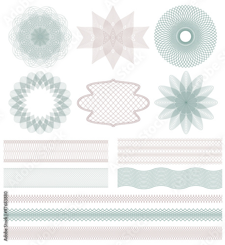 Set of Guilloche decorative elements. Vector illustration.