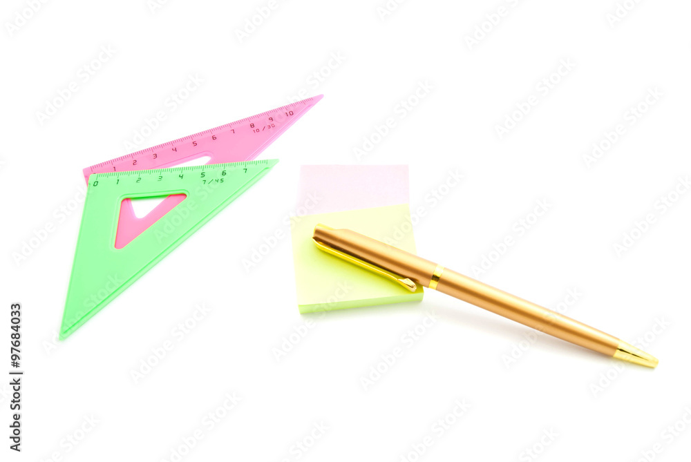 stickers, pen and ruler