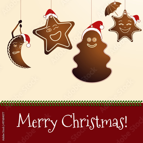 Gingerbread Christmas Biscuits / Four gingerbread biscuits with christmas hat on yellow background, and inscription Merry Christmas on red background
