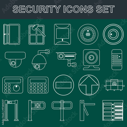 Video surveillance metal and alarm detectors turnstiles. Security icons set flat