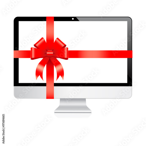Monitor a gifts for the holiday with red bows
