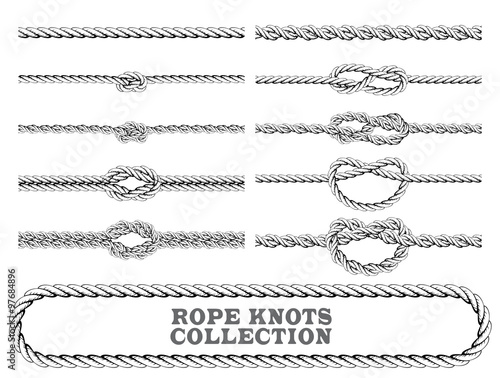 Rope knots collection. Overhand, Figure of eight and square knot. Seamless decorative elements. Vector illustration.