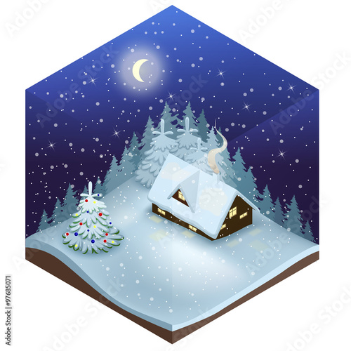 Isometric Vector illustration of a Cozy little cabin among snowy firs at snowfall night with fantastic big new moon. Dreamlike winter scene with snowfall and christmas tree. 