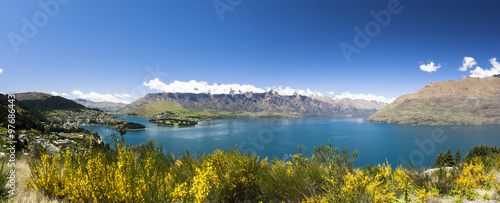 Sunny panoramic view of Queenstown on New Zealand's South Island