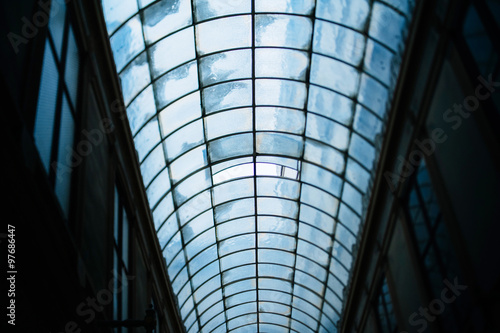 Glass roof of an old passage in Paris with a damaged tile