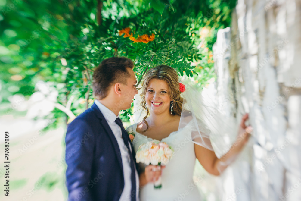 Happy couple bride and groom embracing they stand on background stone wall close-up Happy couple bride and groom embracing they stand on background stone wall close-up