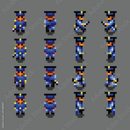 Police officer pixel art walk animation frames illustration