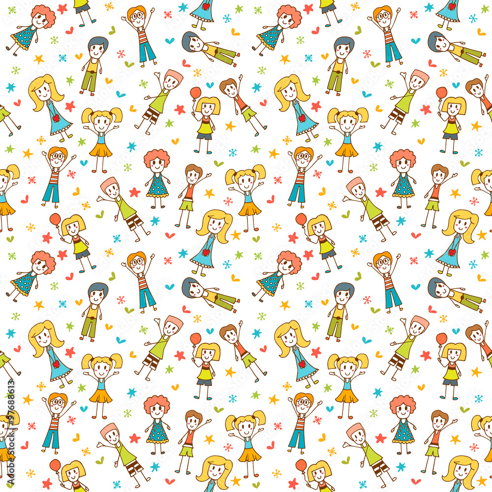 Obraz premium Hand drawn seamless pattern with happy children. Funny backgroun