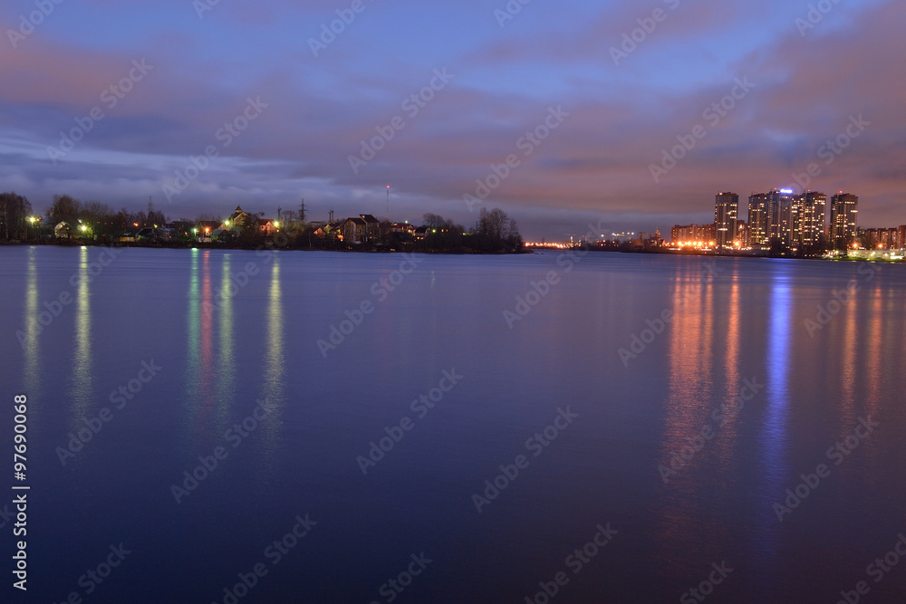 View of Neva River at night. View of Neva River at night.
