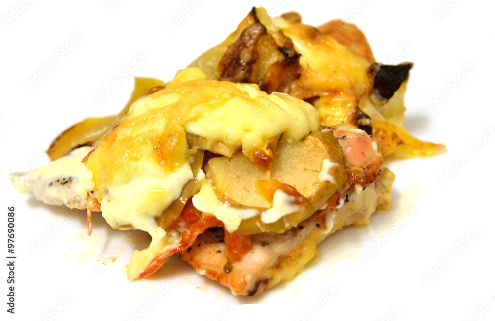 Meat with vegetables baked with cheese. Meat with vegetables baked with cheese.