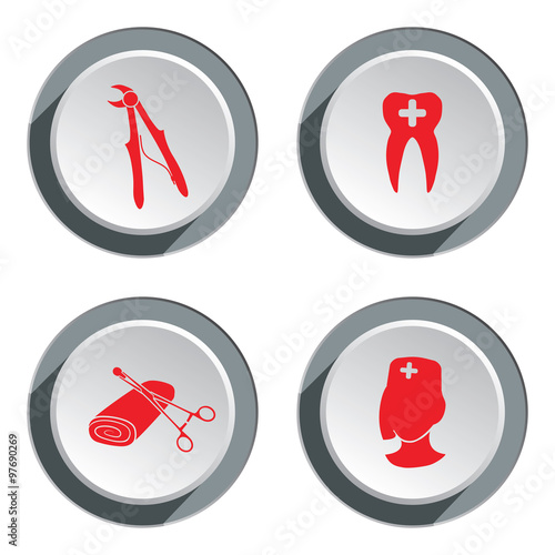 Teeth, dentist, stomatologist icon set. Medicine, health symbols. Round button with shadow. Vector