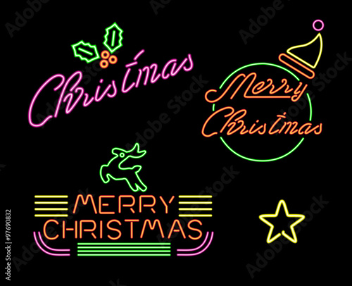 Merry christmas set retro neon light sign label
