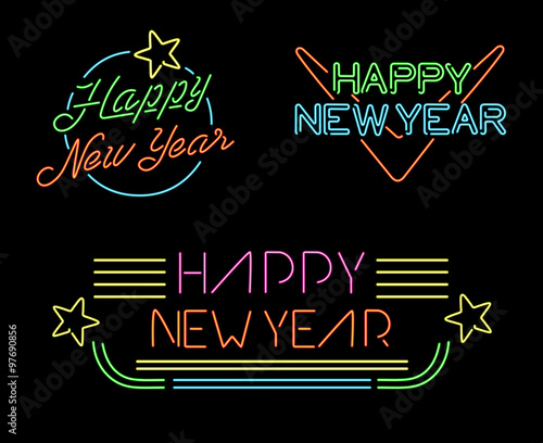 New year retro set label neon light star simple
