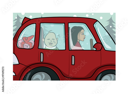 cartoon vector illustration of a baby in car