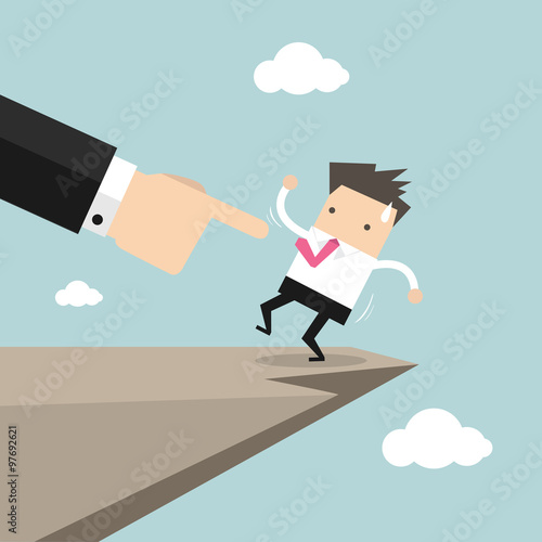Boss hand pushes businessman to make him fall from cliff vector