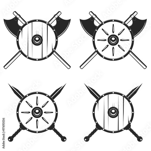 Gladitaor shield with crossed sword and axe vector illustration