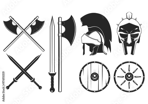 Gladiator weapon set. Axe, sword, shield, helmet vector illustration