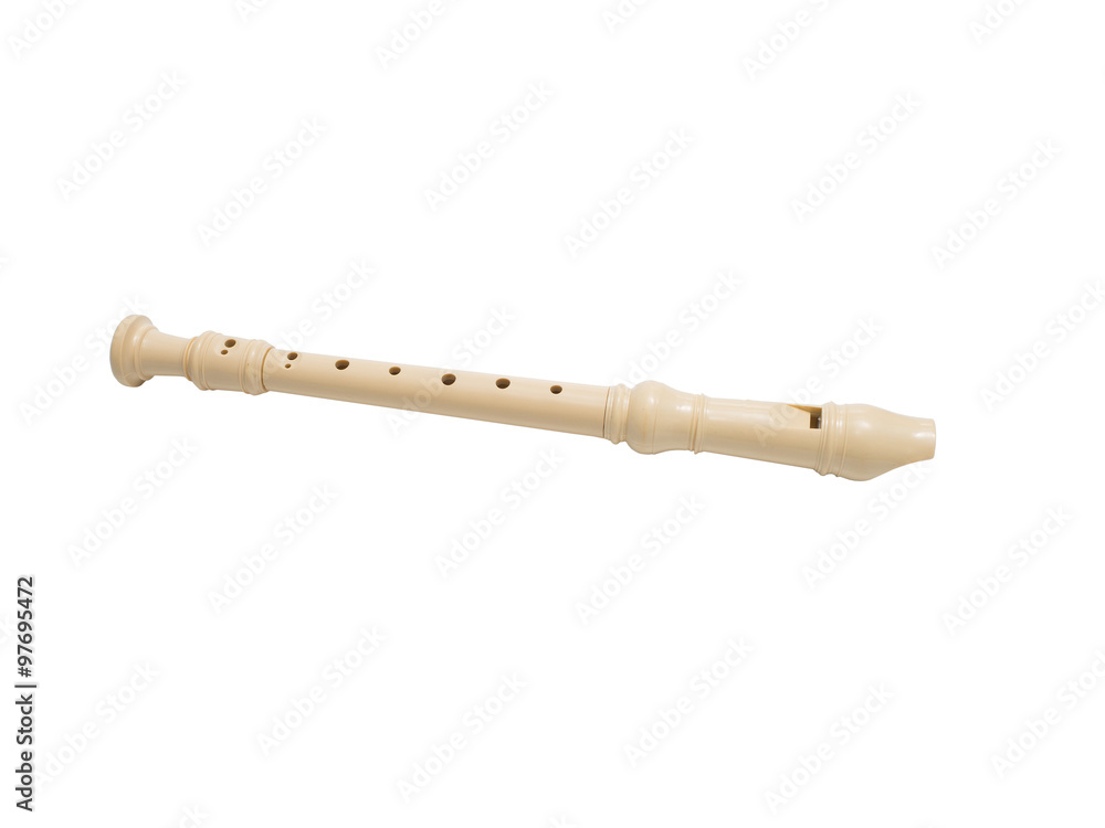 Plastic soprano flute on a white background Plastic soprano flute on a white background