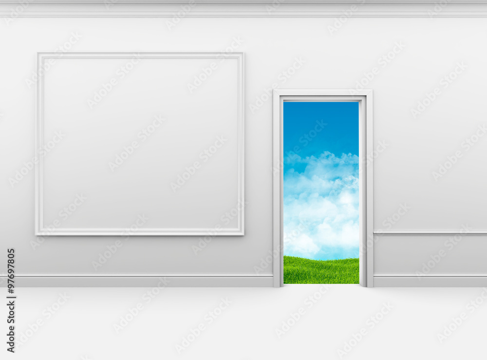The room overlooking the lawn with grass and blue sky The room overlooking the lawn with grass and blue sky