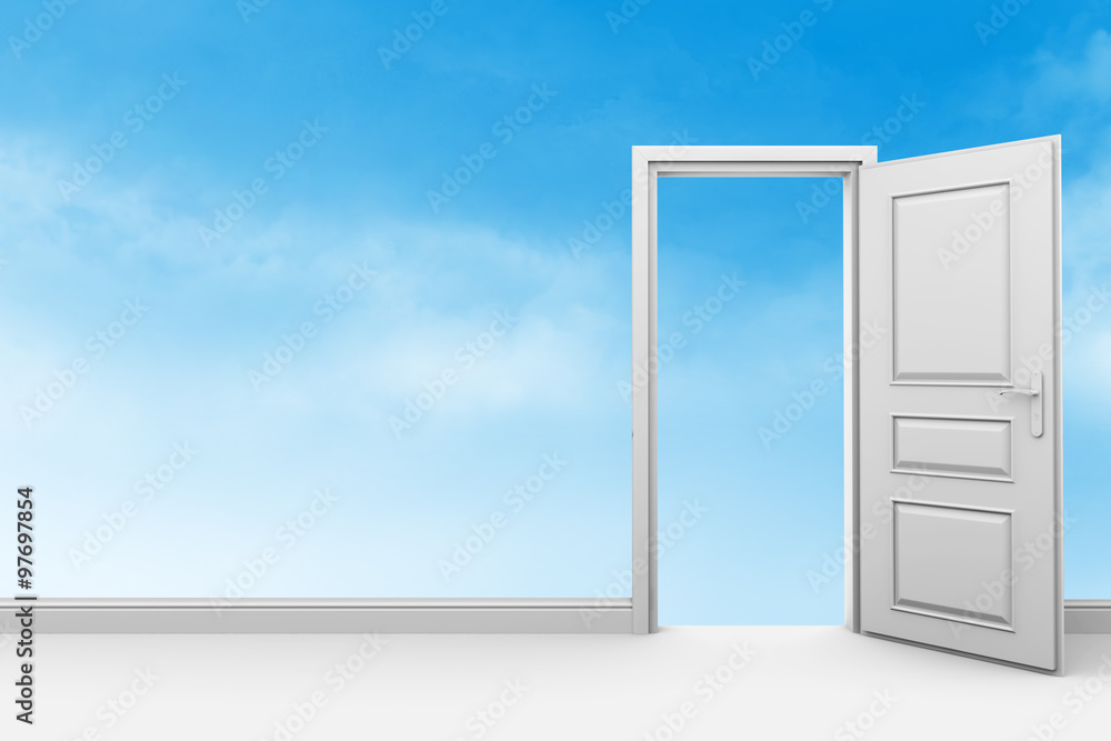 Room door open. The transparent wall with clouds symbolizes freedom Room door open. The transparent wall with clouds symbolizes freedom