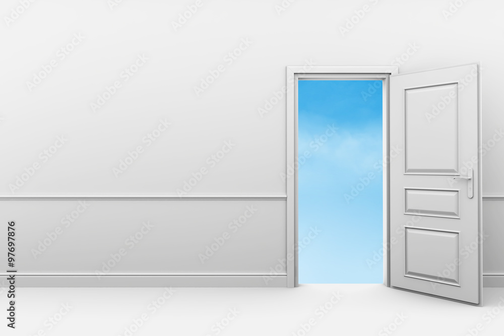 Room with an open door in blue clouds Room with an open door in blue clouds