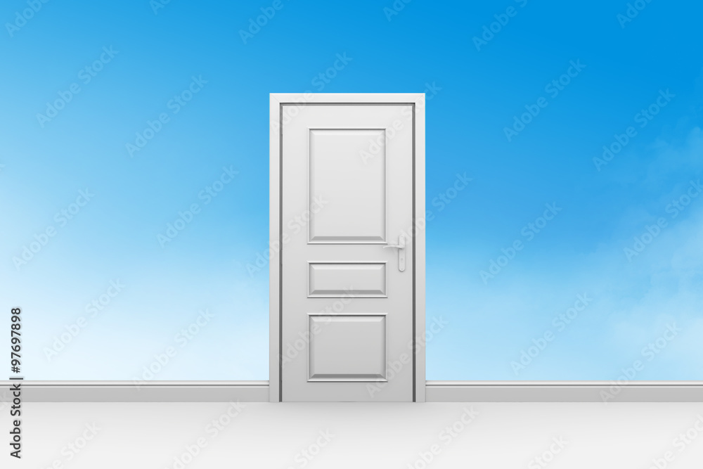 Room white door and transparent wall with view of blue sky Room white door and transparent wall with view of blue sky