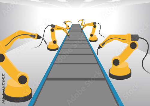 robot arms and conveyor belt, Factory automation, Industry 4.0, Internet of Things, vector illustration