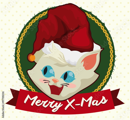 Cute Kitty with Santa's Hat and Bell for X-Mas, Vector Illustration