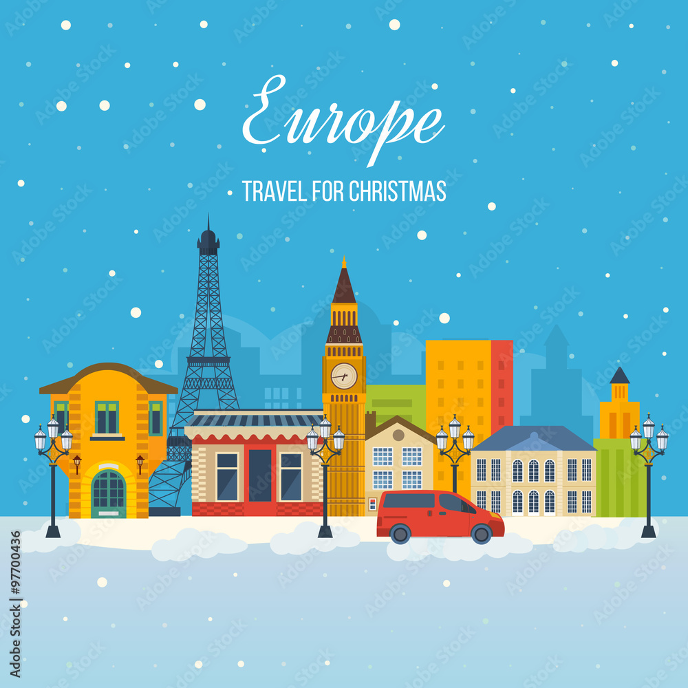Travel to Europe for christmas. Merry Christmas greeting card design. 