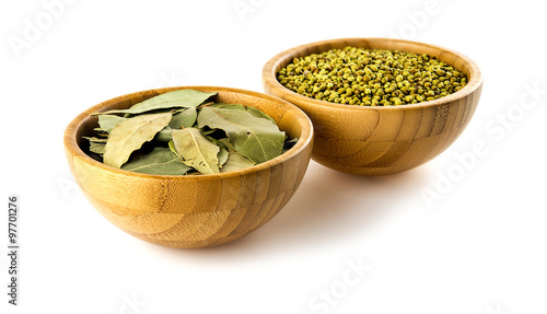 Indian cassia leaves and cilantro seeds studio isolated photo