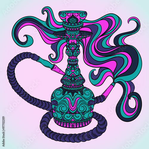 Hookah with oriental ornament and smoke.Vintage colorful vector hand drawn illustration