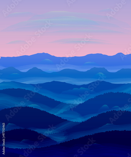 Panorama of hills. Sunset. Mist.