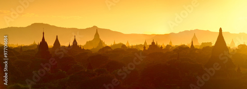 Silhouette of temples and stupa sunset over Bagan in Myanmar