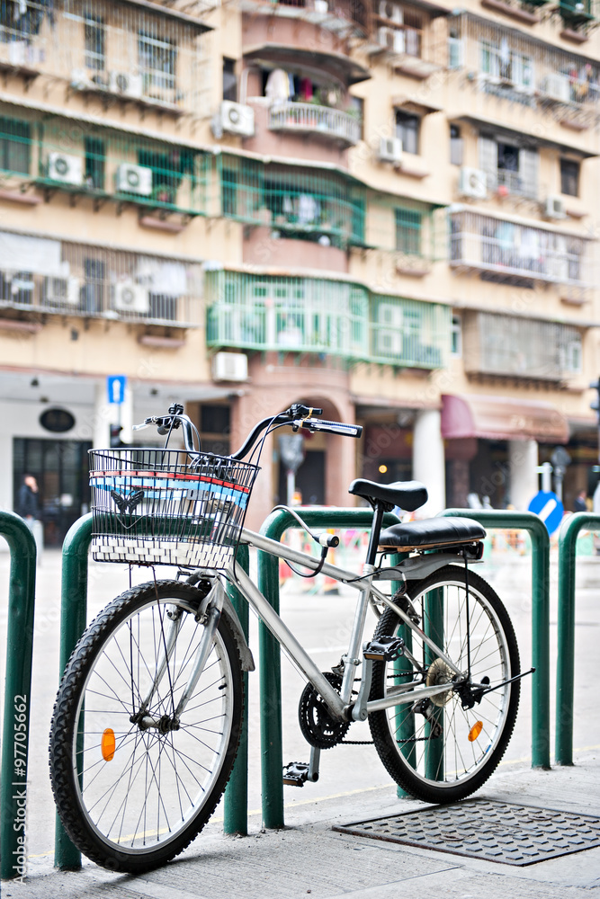 Bicycle was locks on footpath in Hongkong