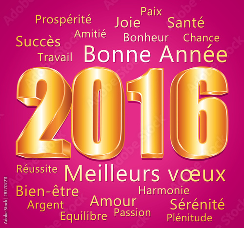 2016. Carte de vœux rose et or. Bonne année et meilleurs vœux.