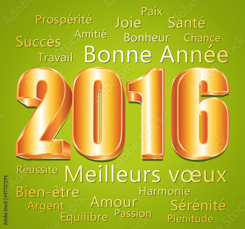 2016. Carte de vœux verte et or. Bonne année et meilleurs vœux.