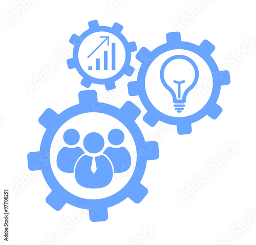 Business mechanism concept. Abstract background with connected gears and icons for strategy, research, concepts. Vector