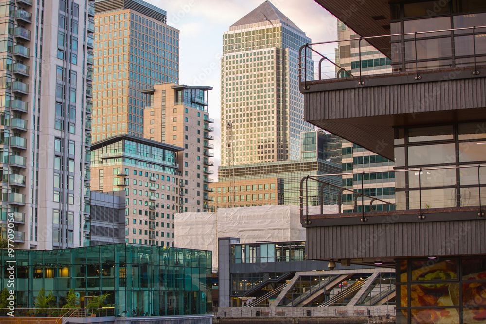 LONDON, UK - SEPTEMBER 9, 2015: Canary Wharf office buildings at sunset