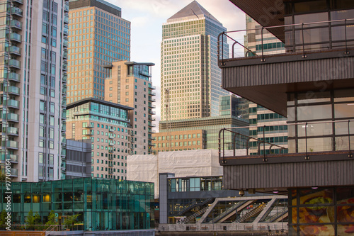 LONDON, UK - SEPTEMBER 9, 2015: Canary Wharf office buildings at sunset