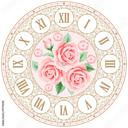 Carta da parati Stile Shabby Chic - Carta da parati Vintage clock face with roses