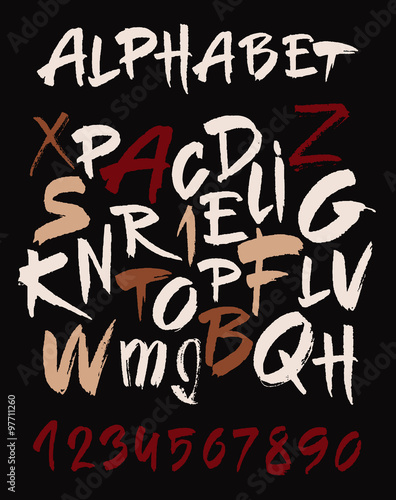 Hand drawn alphabet in retro style. ABC for your design. Letters of the alphabet written with a brush. Dark background.