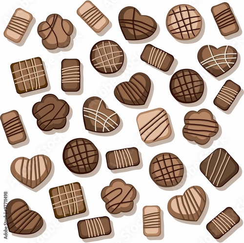 Chocolate chip cookies, seamless background, white, color. 