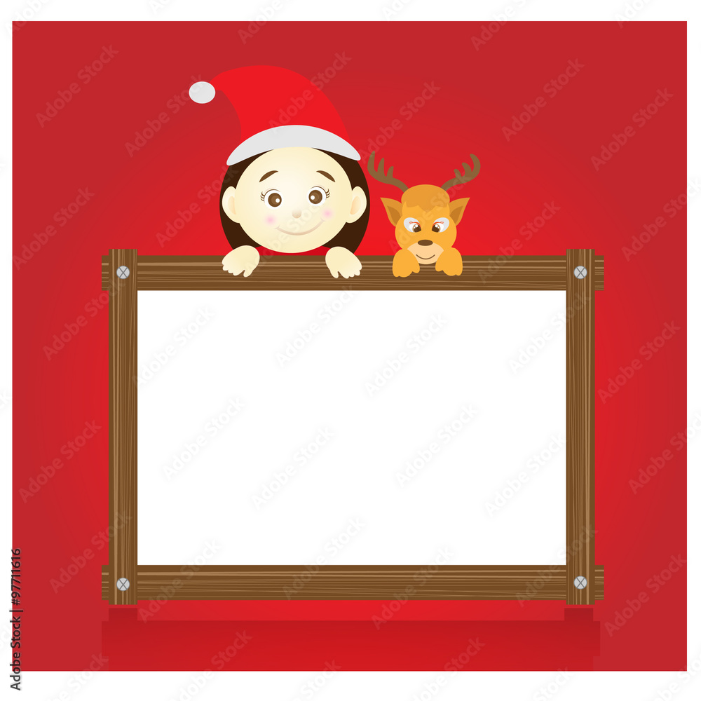 Fototapeta premium Santa claus and reindeer holding wood board vector