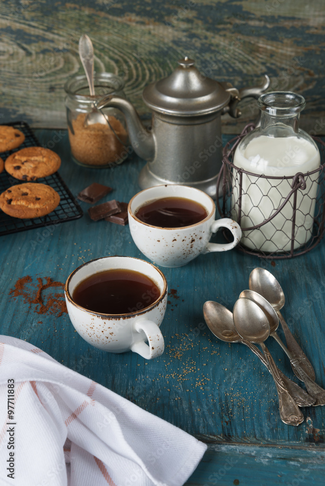 Fototapeta premium Coffee with milk and homemade oatmeal cookies