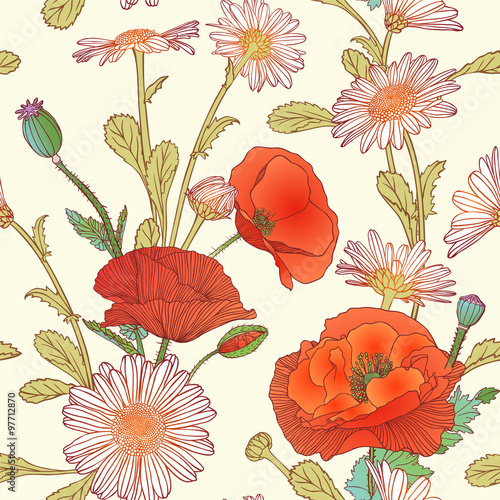 Fototapeta Naklejka Na Ścianę i Meble -  Seamless pattern - chamomile and poppy flowers