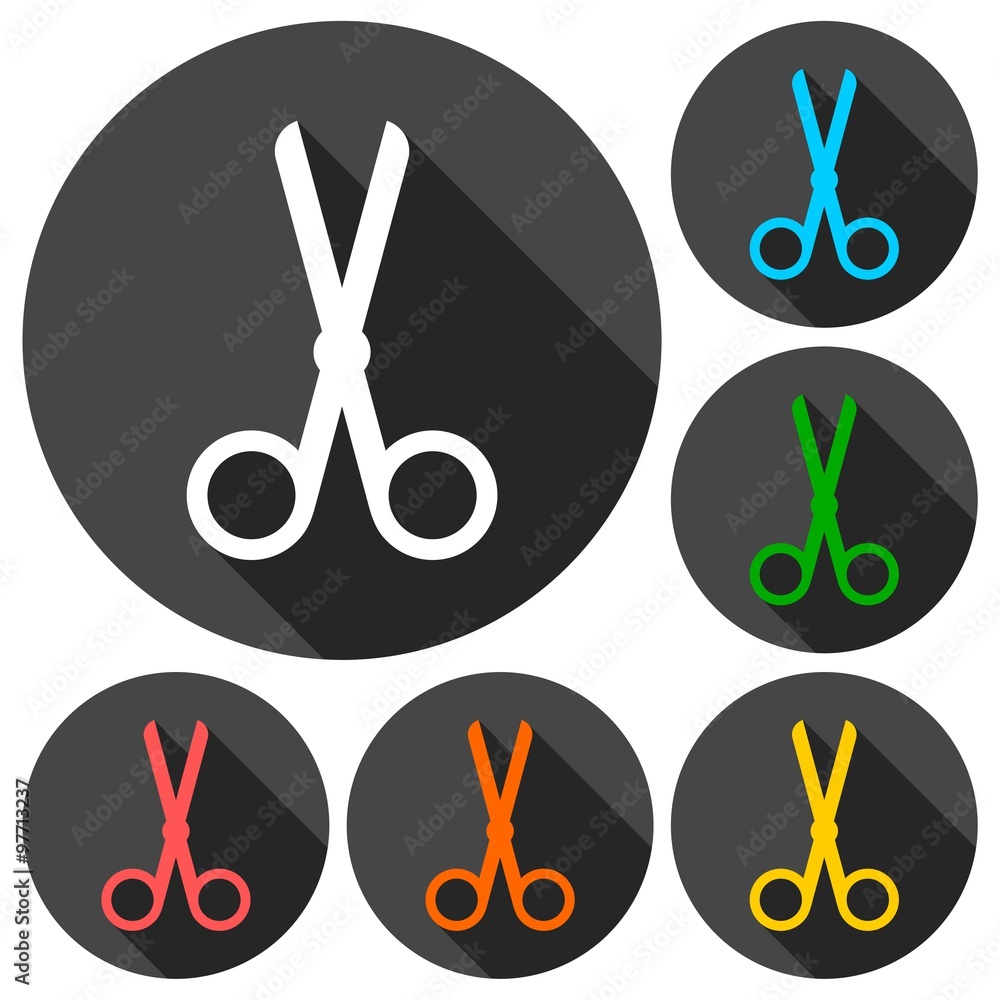 Simple Scissors symbol icons set with long shadow Simple Scissors symbol icons set with long shadow